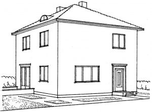 Četru istabu dzīvojamā ēka, arh. P. Bērzkalns, «Norādījumi mazēku būvētājiem pilsētās un ciemos», Latvijas Hipotēku bankas izdevums, 1938. g.